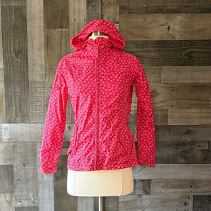 Lands’ End pink zip up jacket girls medium floral fleece waterproof outdoor